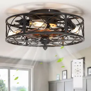 Caged Flush Mount Ceiling Fan with Lights, Farmhouse Rustic Bladeless Ceiling Fans with Lights and Remote, Low Profile Small Enclosed Ceiling Fan with Light for Bedroom, Kitchen, Black