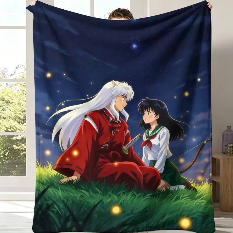 Inuyasha Kagome Starry Firefly Night Throw Blanket, Deep Blue Star Sky Green Grass Background Classic Anime Couple Scene Flannel Blanket, Soft Fleece Blanket, Perfect Vintage Isekai Romance Anime Bedroom Decor Inuyasha Fan All-Season Gift