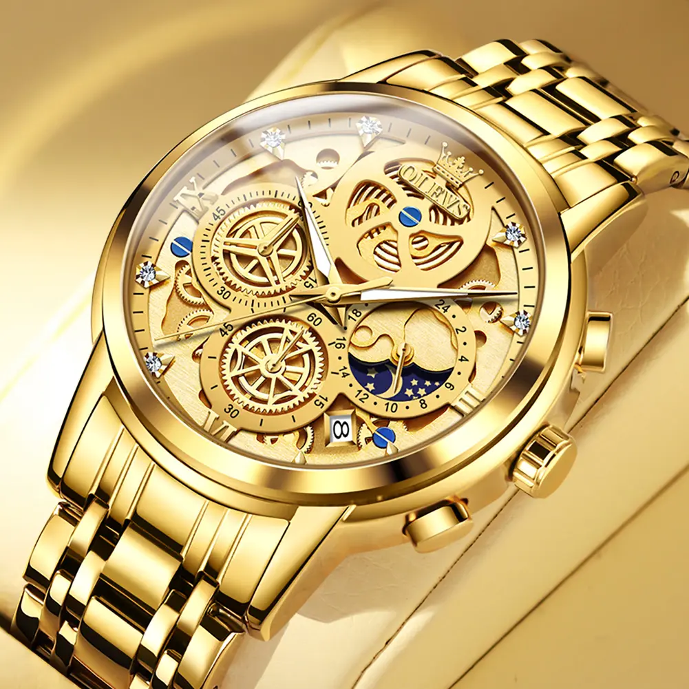 OLEVS Men's Watch Luxury Business Dress Analog Quartz Stainless Steel Waterproof Luminous Modern Fashionable Wristwatch Gold watch