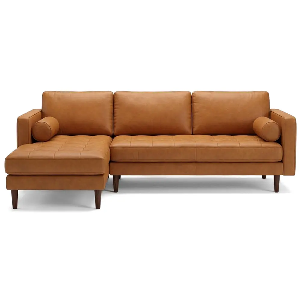 Daphne Tan Genuine Leather L-Shape Left-Facing Chaise Sectional Sofa, Upholstered Midcentury Modern Living Room Couch for Condos, Indoor Furniture Seater