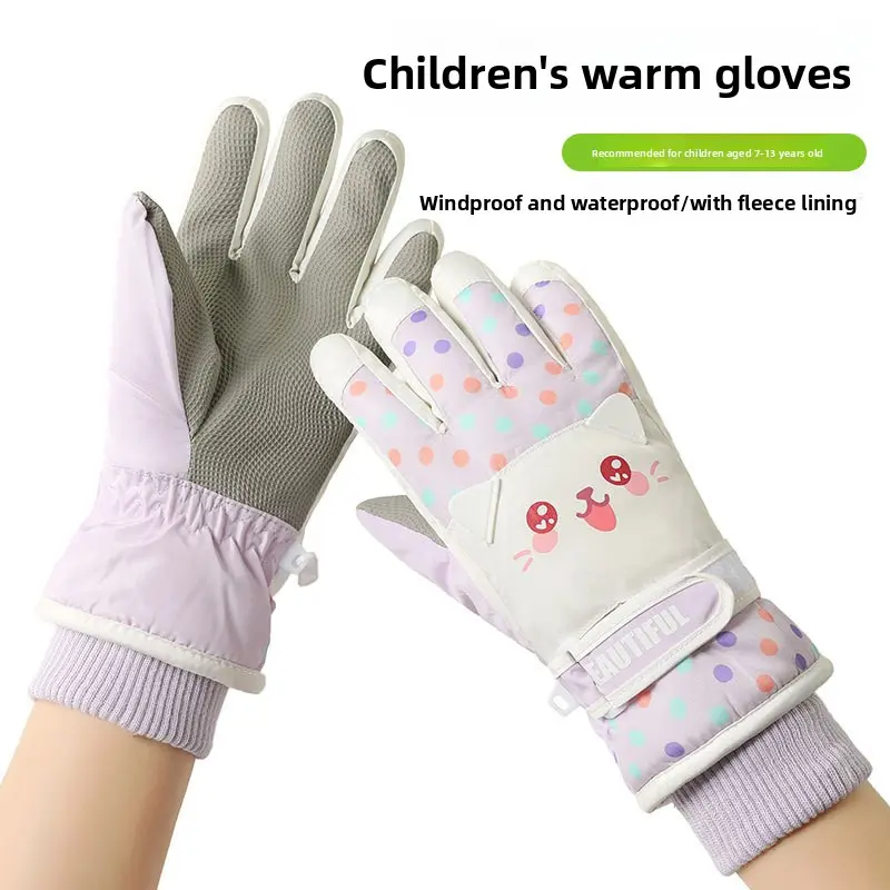 Kids' Cute Cat Polka Dot Ski Gloves, Fleece Lined & Waterproof for Ages 7-13, Windproof with Elastic Ribbed Cuffs for Snow Play, Polka Dots, Playful, 7-13 Years, Adjustable Wrist Strap, Colorful Polka Dots