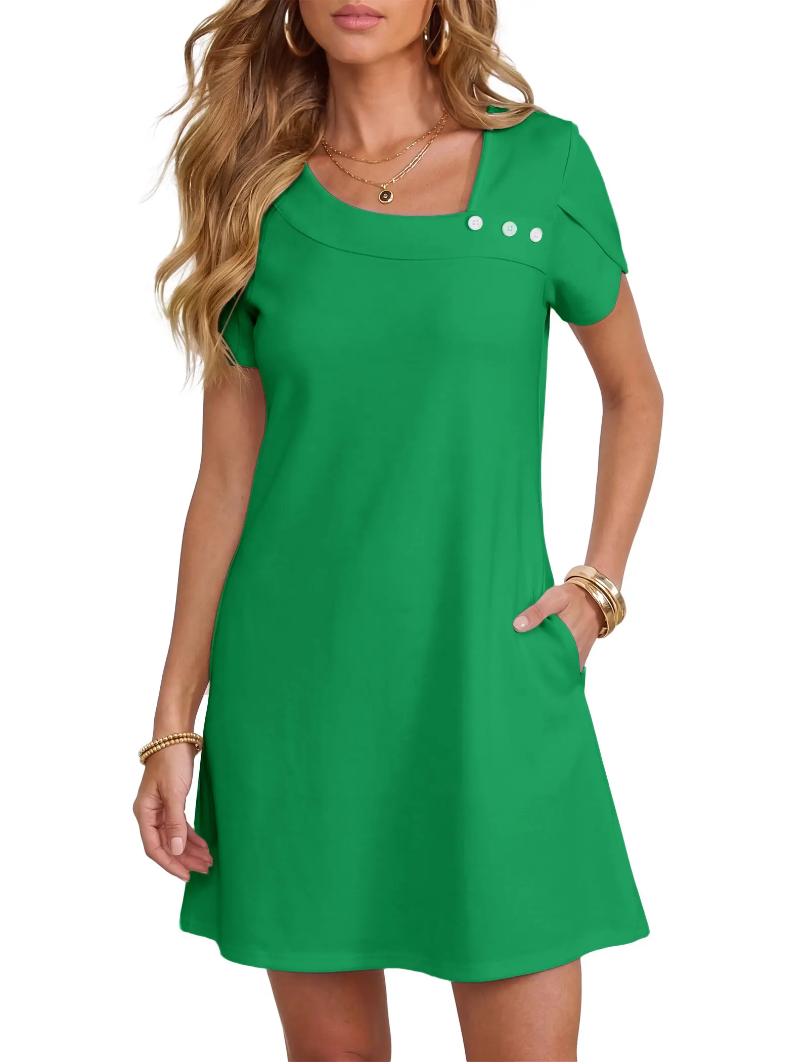 VAFFUL Women's Elegant Minimalist Short-Sleeve Shift Dress - Casual Summer Loose-Fit Mini Dress with Pockets for Office & Casual Wear, Women's Dresses