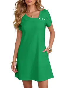 VAFFUL Women's Elegant Minimalist Short-Sleeve Shift Dress - Casual Summer Loose-Fit Mini Dress with Pockets for Office & Casual Wear, Women's Dresses
