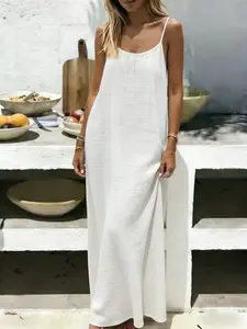 1 Count Women's Casual Spaghetti Strap Linen Blend Maxi Dress, Loose Fit Elegant Sleeveless Nightgown Nightdress, Solid Color Basic Soft Loungewear For Relaxation Breathable Beach Cover Up, Suitable For Home Leisure Out Fashion Wear Nightwear