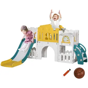 "Toddler chaos? Solved with 8 toys in 1!  This yellow slide set has climber, basketball, tunnel + storage—1-3y/o indoor fun that never gets old! Get it now! "