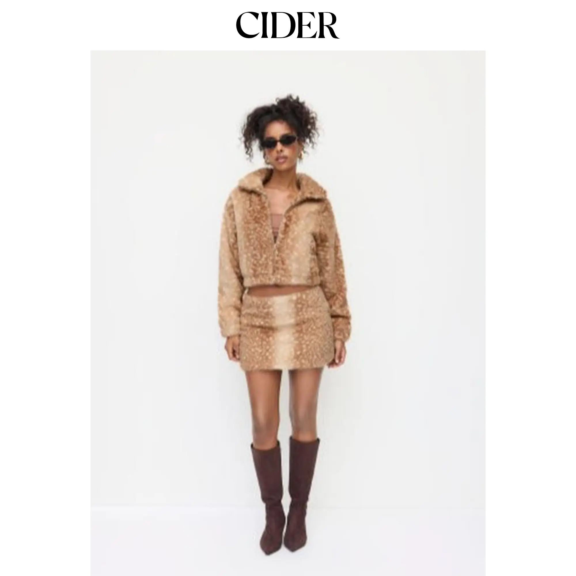 Cider Women's Faux Fur Deer Print 2-Piece Outerwear Set - High Neck Zip Jacket and Low Rise Mini Skirt, Animal Print