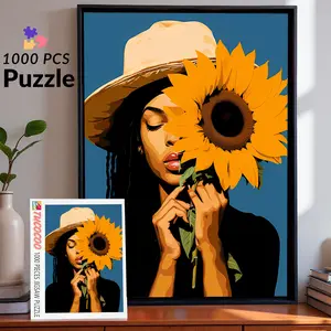Sunflower Grace 1000 Pieces Jigsaw Puzzle Elegant African American Woman Art for Adults Modern Portrait Puzzle for Home Decor and Relaxation 27.5x20inch (70x50cm)