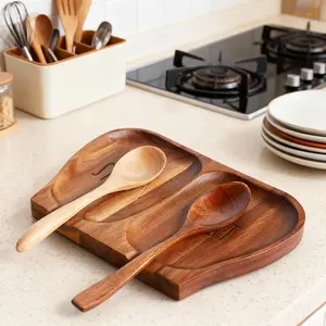 1pc Acacia Wood Spoon Rest for stove top, Double Spoon Rest for Kitchen Counter with Non Slip Silicone Feet, Spoon Holder for Utensils, Ladle, Cooking spoons, Whisks, Ladle, Tongs