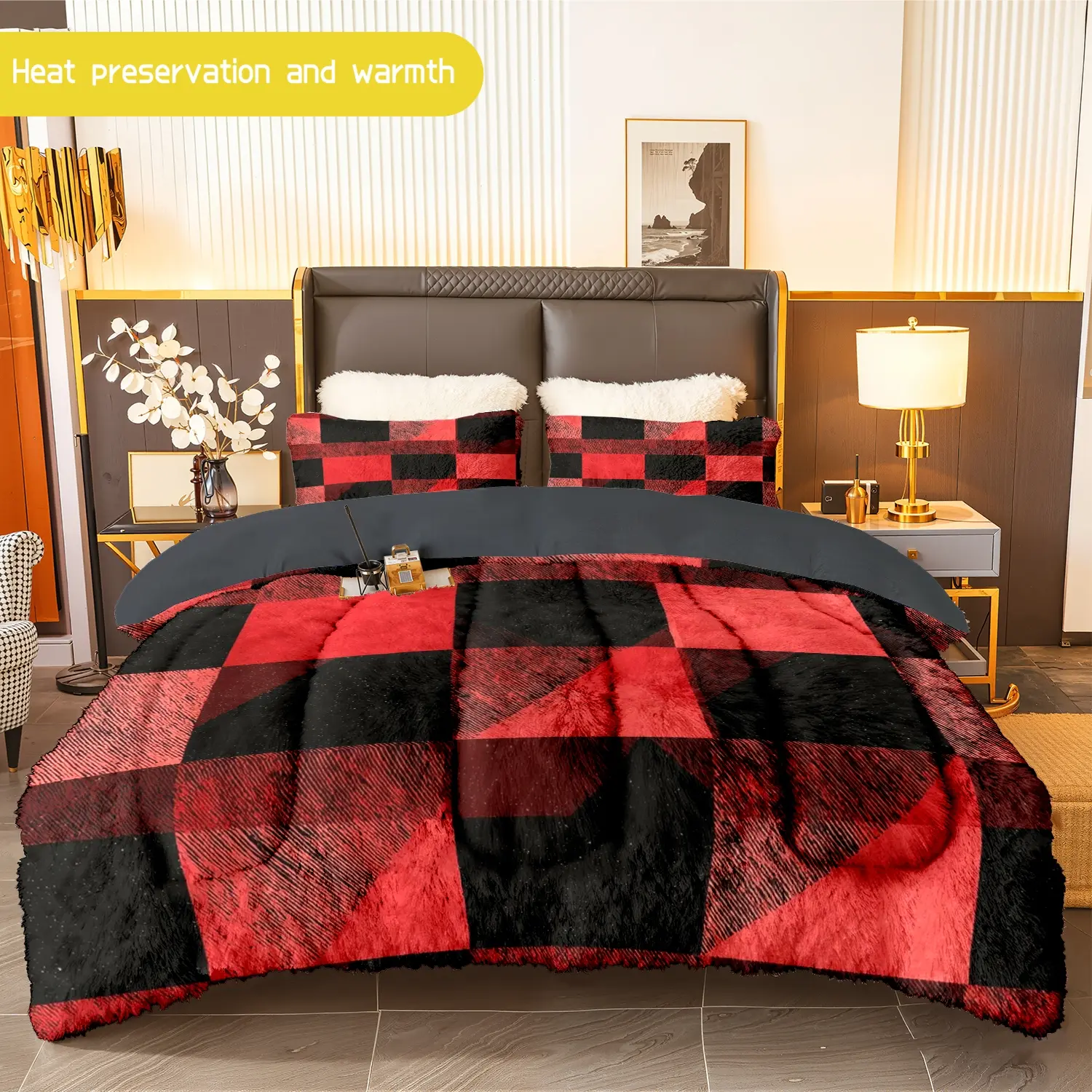 3pcs (1 comforter + 2 pillowcases) Buffalo Check Flannel & Milk Velvet Comforter Set, Ultra - Soft Warm Bedding Set for Adults, Cozy Plush Quilt Set, Popular Bedding Essentials