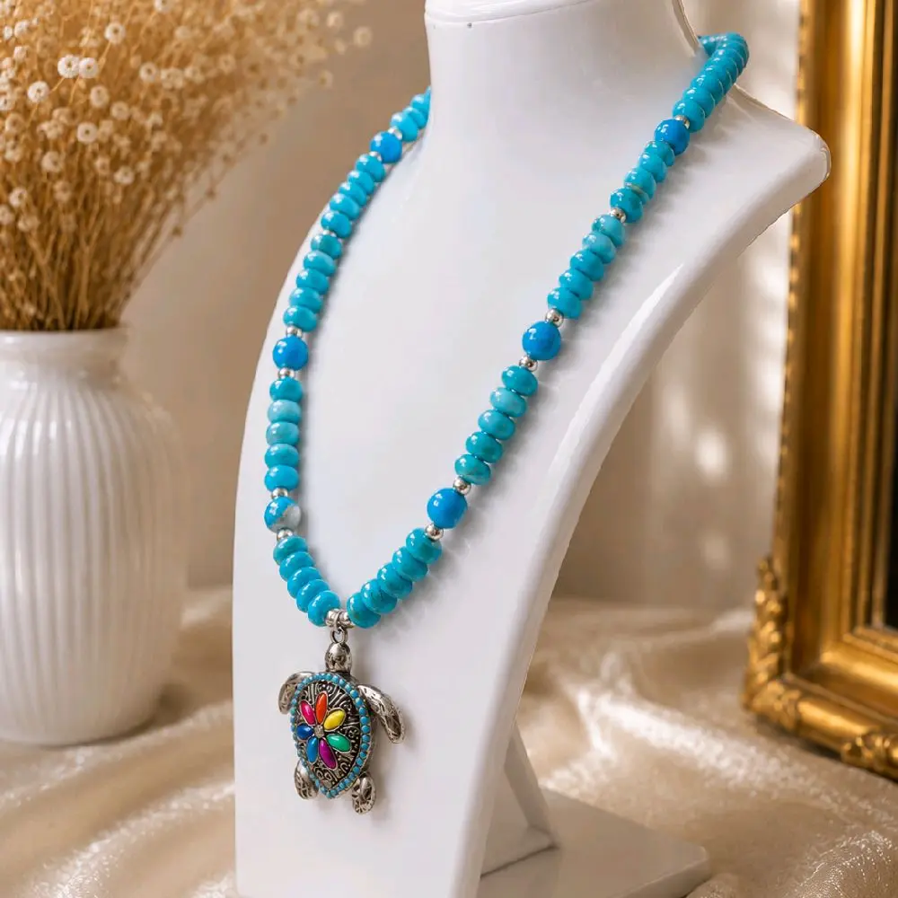 Sea Turtle Charm Necklace – Handmade Turquoise Ocean-Inspired Beaded Necklace