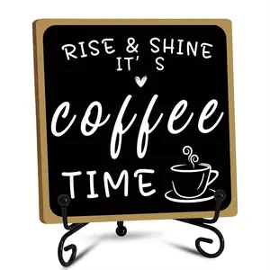 Wooden Coffee Bar Sign, and Coffee Bar Decor with Rustic Farmhouse Design Iron Stand, Tabletop Shelf Accessories for Home Farmhouse Kitchen Office