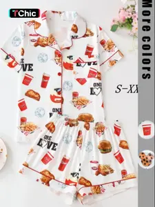 Women's Bread Beverage Snack Print Pajama Set, Collared Button Short Sleeve Top & Loose Comfortable Shorts, Elegant Sleepwear Suit Loungewear