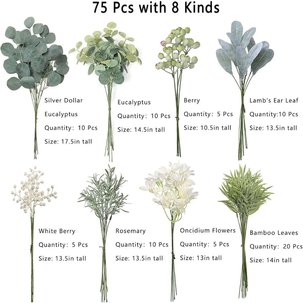 75-Piece Decorative Artificial Greenery Stems Box Set - 8 Kinds of Lifelike Fake Plant, Faux Eucalyptus Flowers with Bendable Wire for DIY Bridal Bouquets, Wedding Ornaments (Sage Green)
