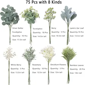 75 Pcs Artificial Greenery Stems Box Set,with 8 Kinds of Faux Plants and Fake Flowers for DIY Bridal Bouquets Wedding Floral Arrangement Table Centerpieces Decoration (Sage Green)