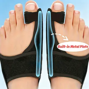 A pair of toe correctors featuring an integrated metal plate for robust support. Crafted from a polyester-sponge composite material, they are breathable and comfortable, making them suitable for both day and night use.