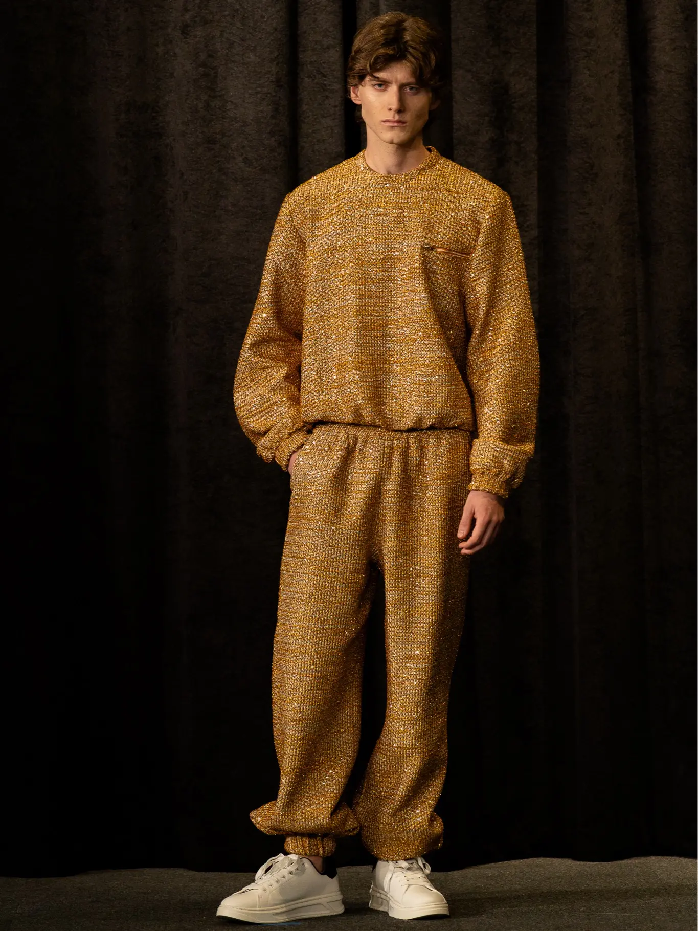 GoldStar Sweatsuit - Men's Luxury Metallic Tweed Two-Piece Set with Micro Sequins