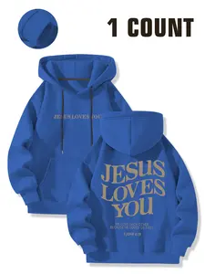 Unisex Fall & Winter Hoodie, Long Sleeve, Jesus Loves You Text Print, Religious Faith Perfect Top, Casual Fitted Design with Drawstring Cap and Pockets