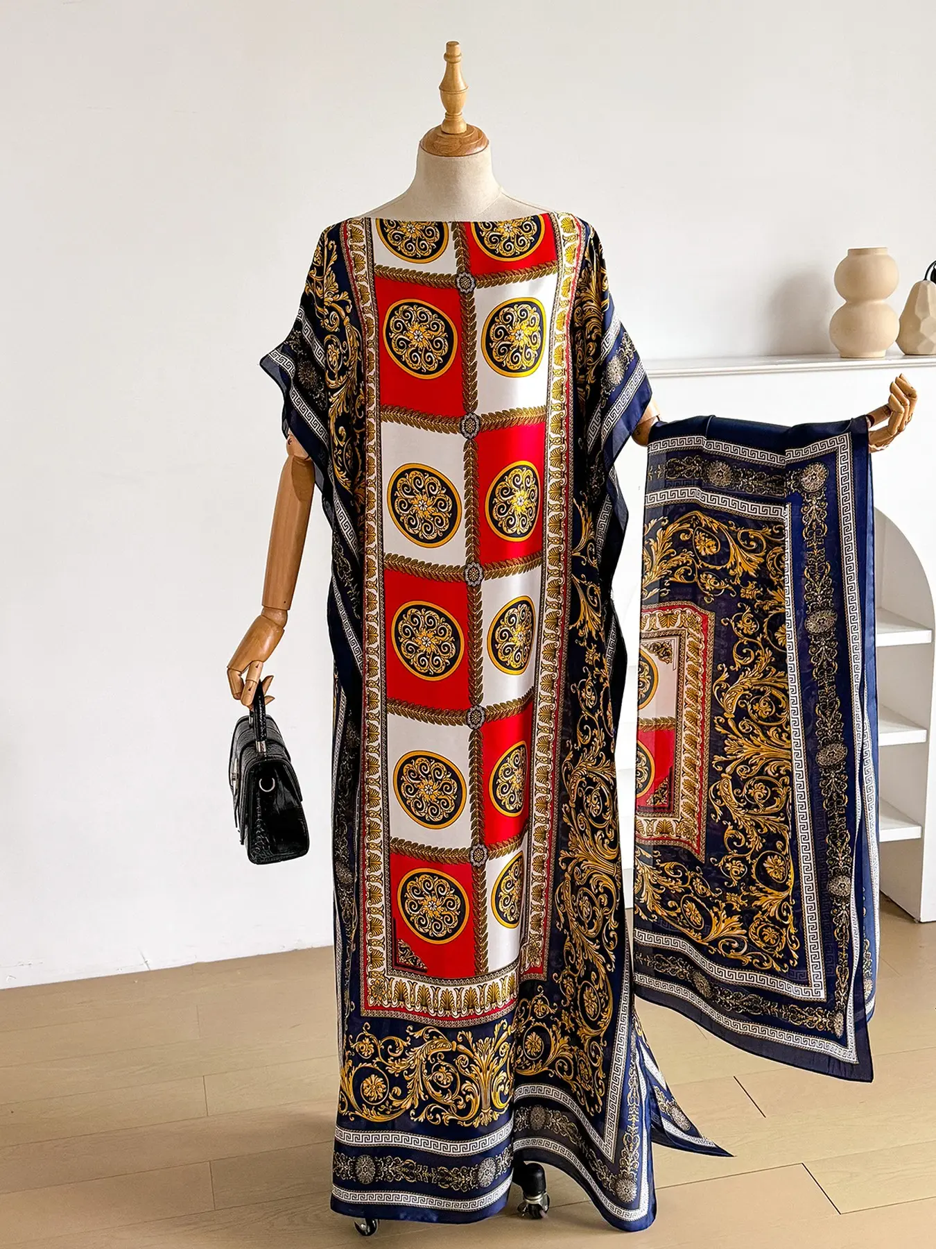 Women's Baroque Print Loose Fit Robe Set, Spring Summer Thin Long Shawl Scarf, Boho Style Beach Sun Protection Satin Silk, Beach Cover Ups, Swimwear Coverups, Swimsuit Cover Up, Bathing Suit Cover, Summer Swimming Cover