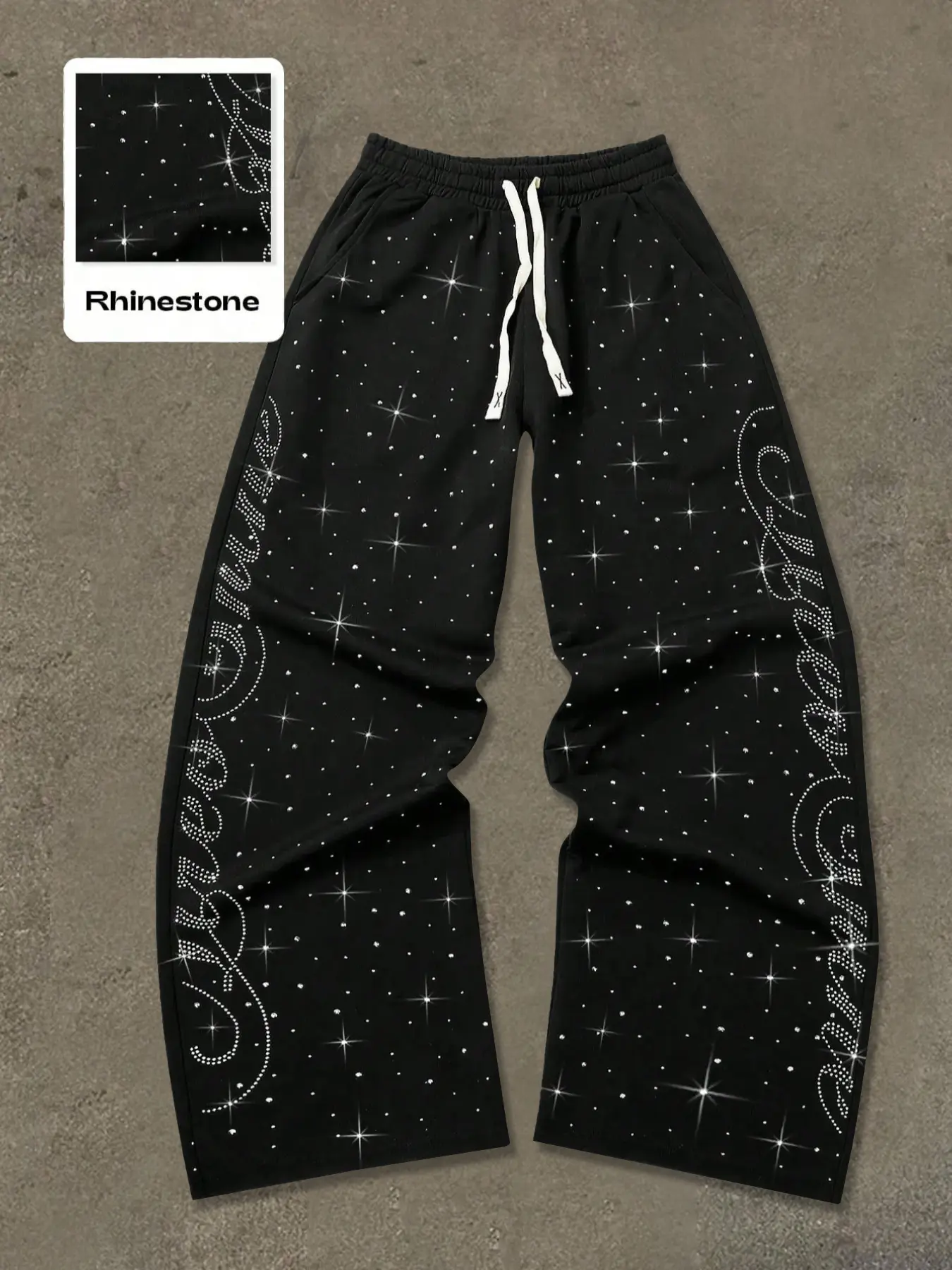 Men's Summer Drawstring Waist Sport Pants, Unique Rhinestone Letter Design, Trendy Straight Leg Joggers, Casual Outdoor Wear