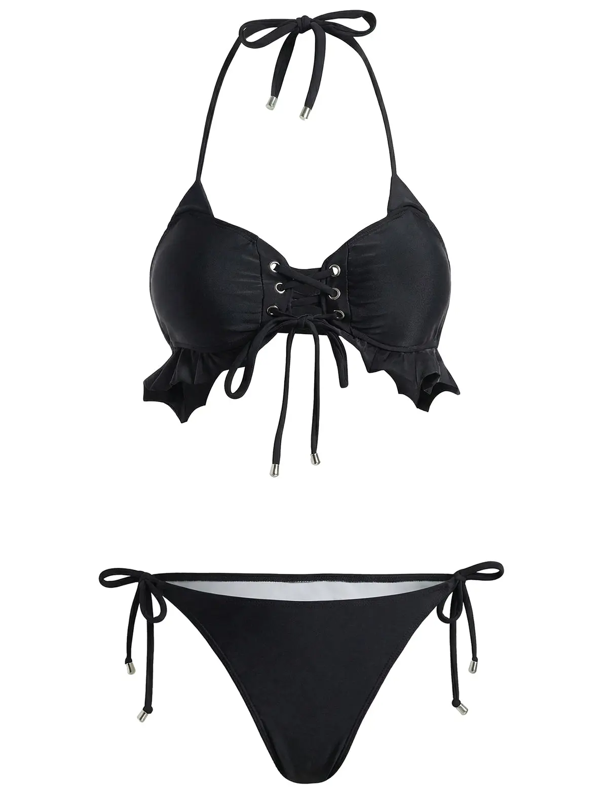 Black 1950s Gothic Cat Bat Halter Lace Up Ruffle Hem Bikini Set Black 1950s Gothic Cat Bat Halter Lace Up Ruffle Hem Bikini Set