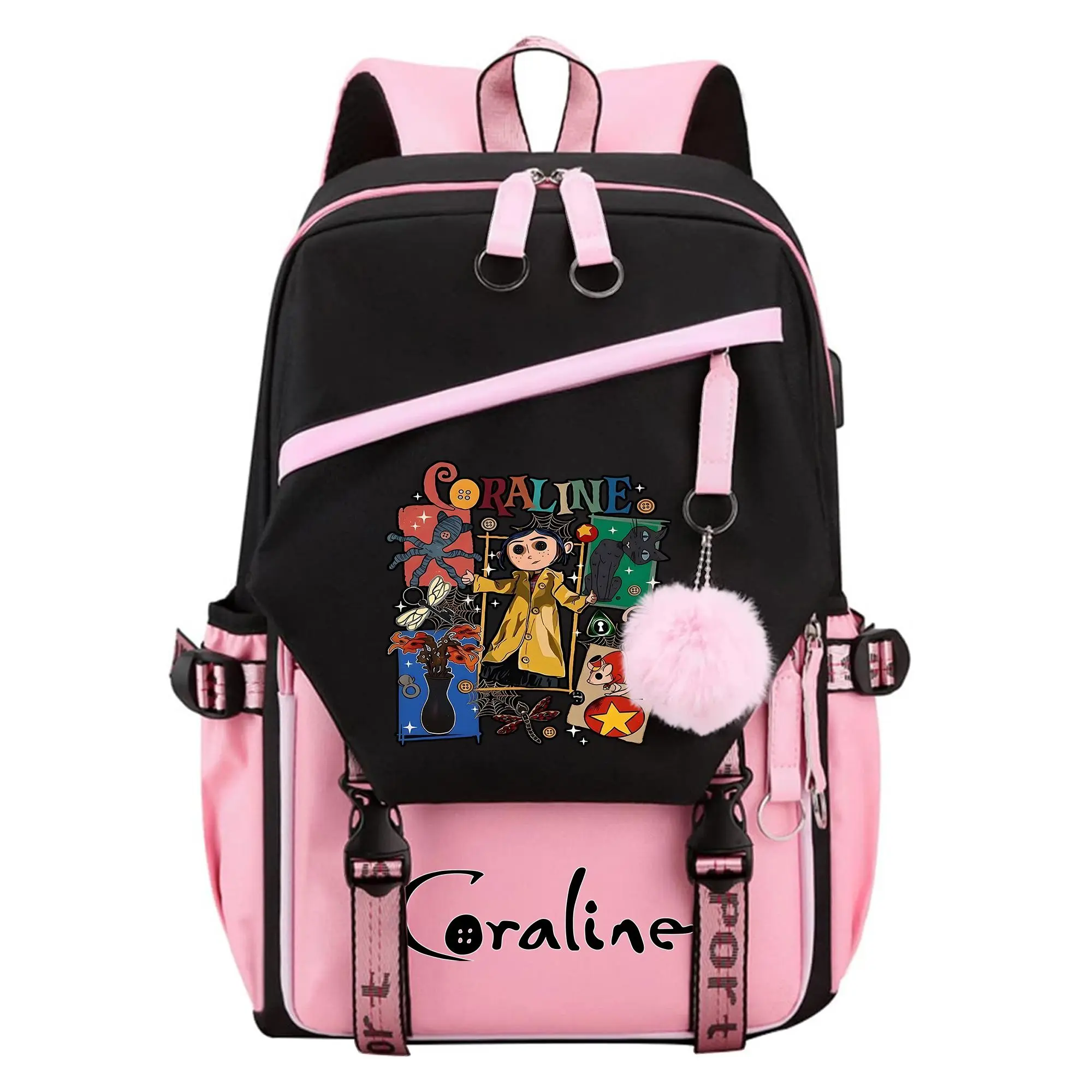 Coraline Graphic Backpack for Girls, Y2K Pink and Black School Bookbag with Keychain, Waterproof Travel Laptop Bag for Teens College d-8