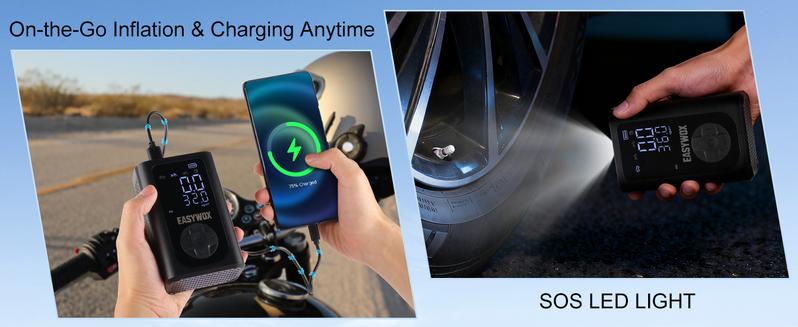 Easywox Portable Wireless Tire Inflator 150PSI Smart Air Pump Power Bank LED Light for Cars Motorcycles and Other Vehicles