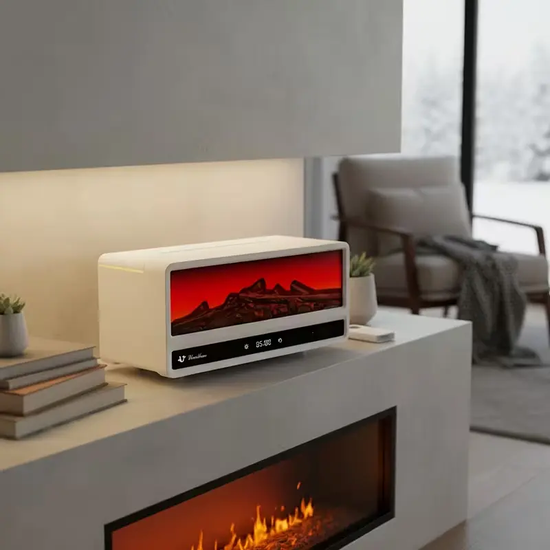 Fireplace Humidifier, USB Powered, Can Be Timed to Shut Off, Warm Ambient Light, Can Add Aromatic Essential Oils, Suitable for Home, School, Office, Ideal Holiday Gift, 7 Colors Fire Flame, Remote Control, No Water Auto Shut Off,White