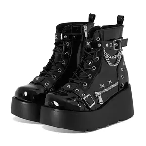 Women’s Patent Leather Platform Ankle Boots Chain Buckle Star Studded Goth Punk Lace Up Edgy Streetwear Party Casual Daily Footwear