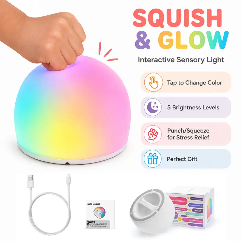 WattBubble LED Sensory Squishy Toy for Kids | Rechargeable Tap Night Light | Stress Relief Fidget Toy | Kids Calm Down Toy | BPA-Free Silicone Gift