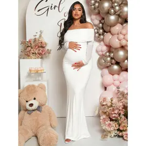 ElegantMaternityRuchedOff-ShoulderMermaidEveningDressForBabyShowerParty