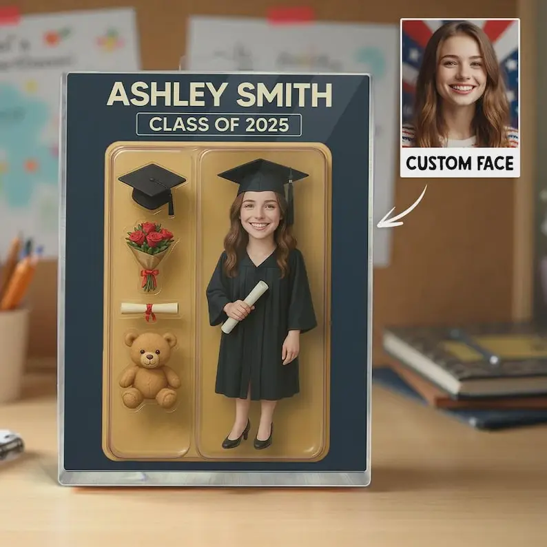 Personalized 3D Graduation Action Figure Plaque – Custom Acrylic Block Keepsake Gift, Unique Packaging, Rectangle Design for Graduation Day