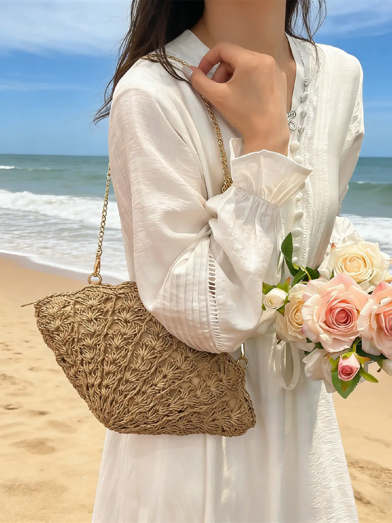 Fashion minimalist straw woven shell-shaped shoulder bag, casual daily easy-to-match handheld beach bag, suitable for seaside vacation, Casual crossbody