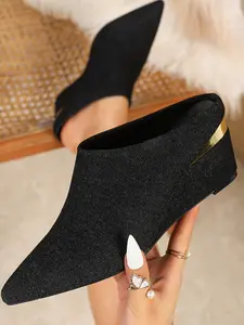 Women's Denim Pointed Toe Wedge Sandals, Thick Sole Slip-On Shoes, Fashion Casual Streetwear Commuter Footwear, All Seasons
