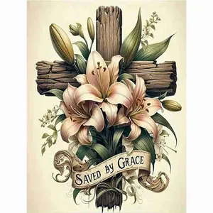 5D Full Drill Diamond Painting Kit - Wooden Cross with Pink Lilies & "Saved by Grace" Banner, Round Acrylic Diamonds, Religious Themed DIY Art for Home Wall Decor, Ideal Gift for Christian & Craft Enthusiasts