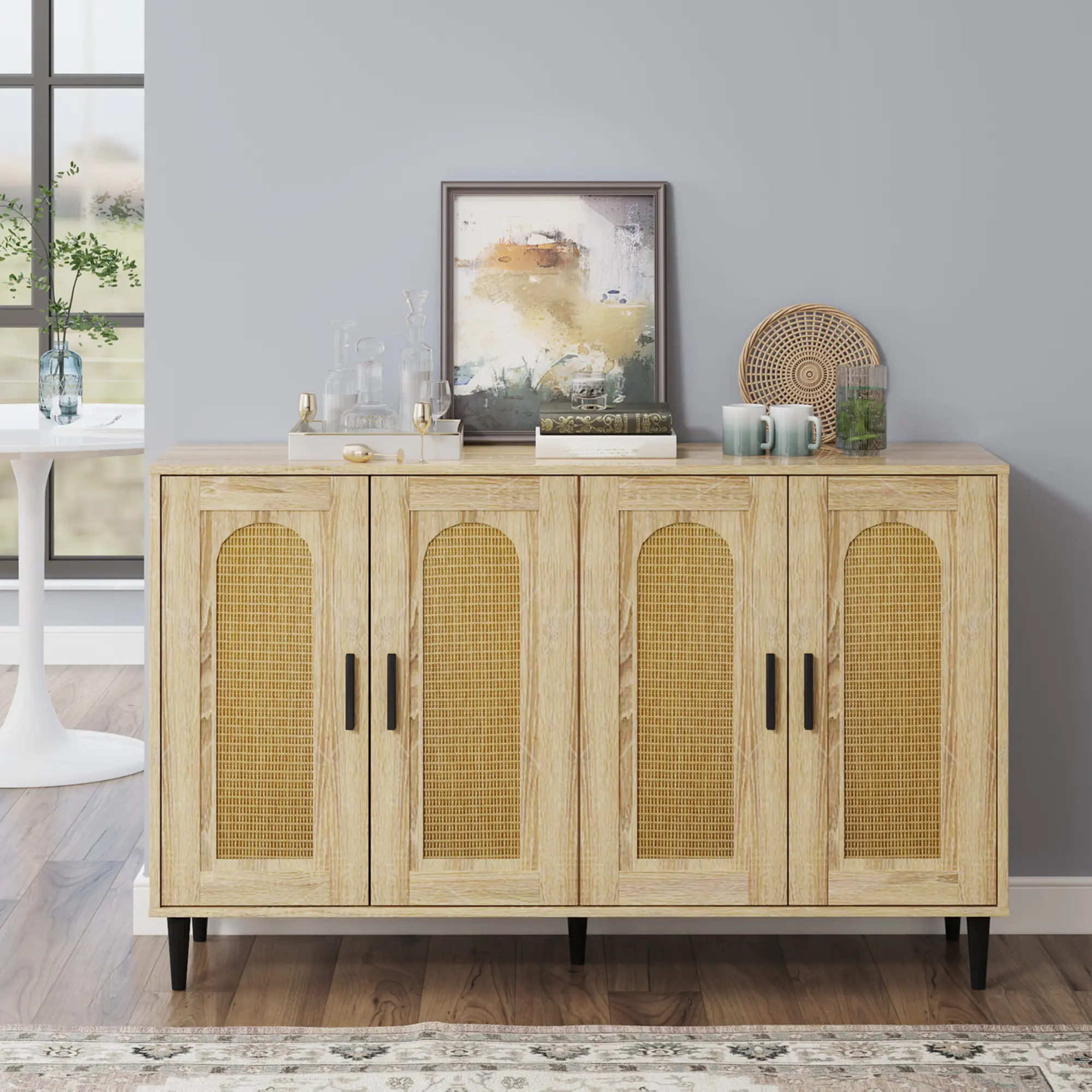 48.3in Sturdy Rattan Weave Sideboard Buffet Cabinet - Boho Farmhouse Indoor Cupboard with 4 Sliding Doors, Adjustable Shelf for Kitchen, Living Room, Garden