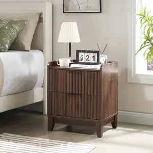 PieDle Fluted Nightstand with Charging Station, Modern Bedside Table with 2 Drawers, Farmhouse Wooden End Side Table for Bedroom, Living Room