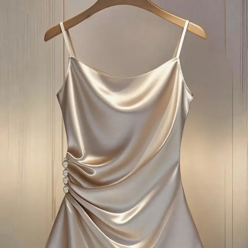 Elegant Satin Champagne Halter Sleeveless Cami Top with Pearl Buttons, Side Ruched Slim Fit, Versatile Fashion for Daily Wear, Womenswear Fitted, Elegant Classy Tops