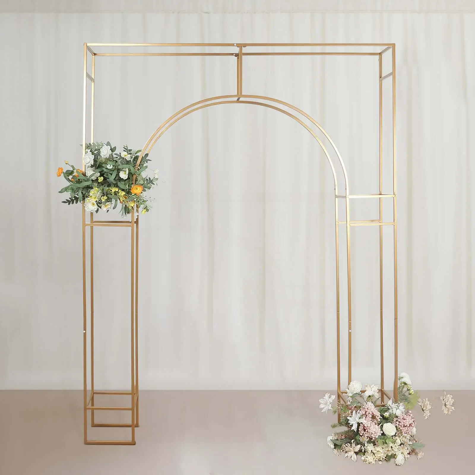 8ft Heavy-Duty Gold Metal Rectangular Wedding Background Arch - Arc de Triomphe-Style 3D Floral Balloon Frame, Birthday Party Backdrop Stand