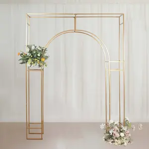 Heavy Duty Gold Metal Rectangular Wedding Arch in Arc de Triomphe Style, 3D Floral Balloon Frame Backdrop Stand - 8ft