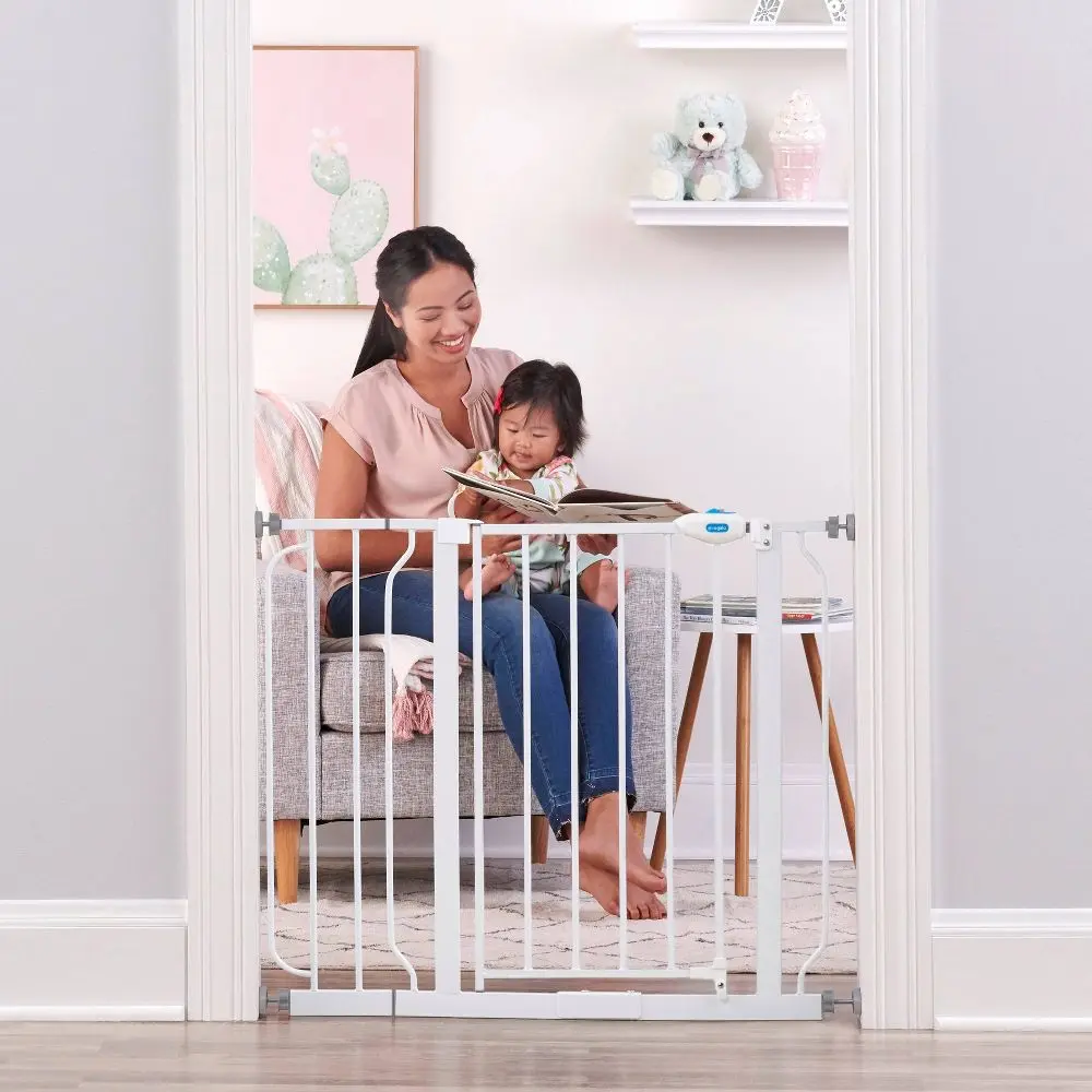 Regalo Extra Wide Metal Baby Gate - 30 in (h), 38.5 in, 16 in Door Opening, Convenient Walk-Through Design, Easy Slide Latch, White, 16 Inch Door Opening