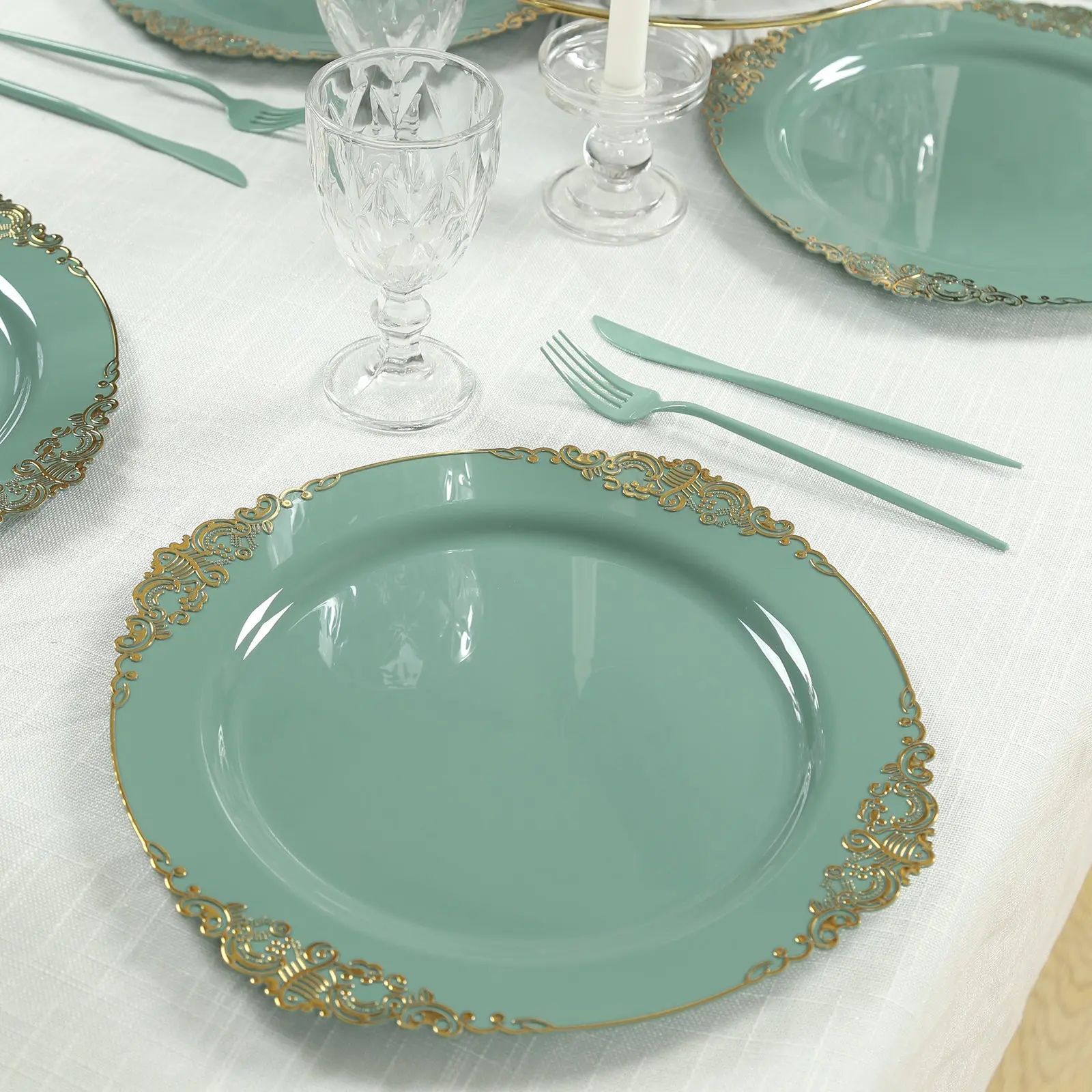 Gold Plastic Dinnerware 20-Piece Economy Solid Plastic Disposable Charger Plates (13in), Dusty Sage Green with Gold Embossed Baroque Rim, for Formal Events, Plastic Disposable Plates