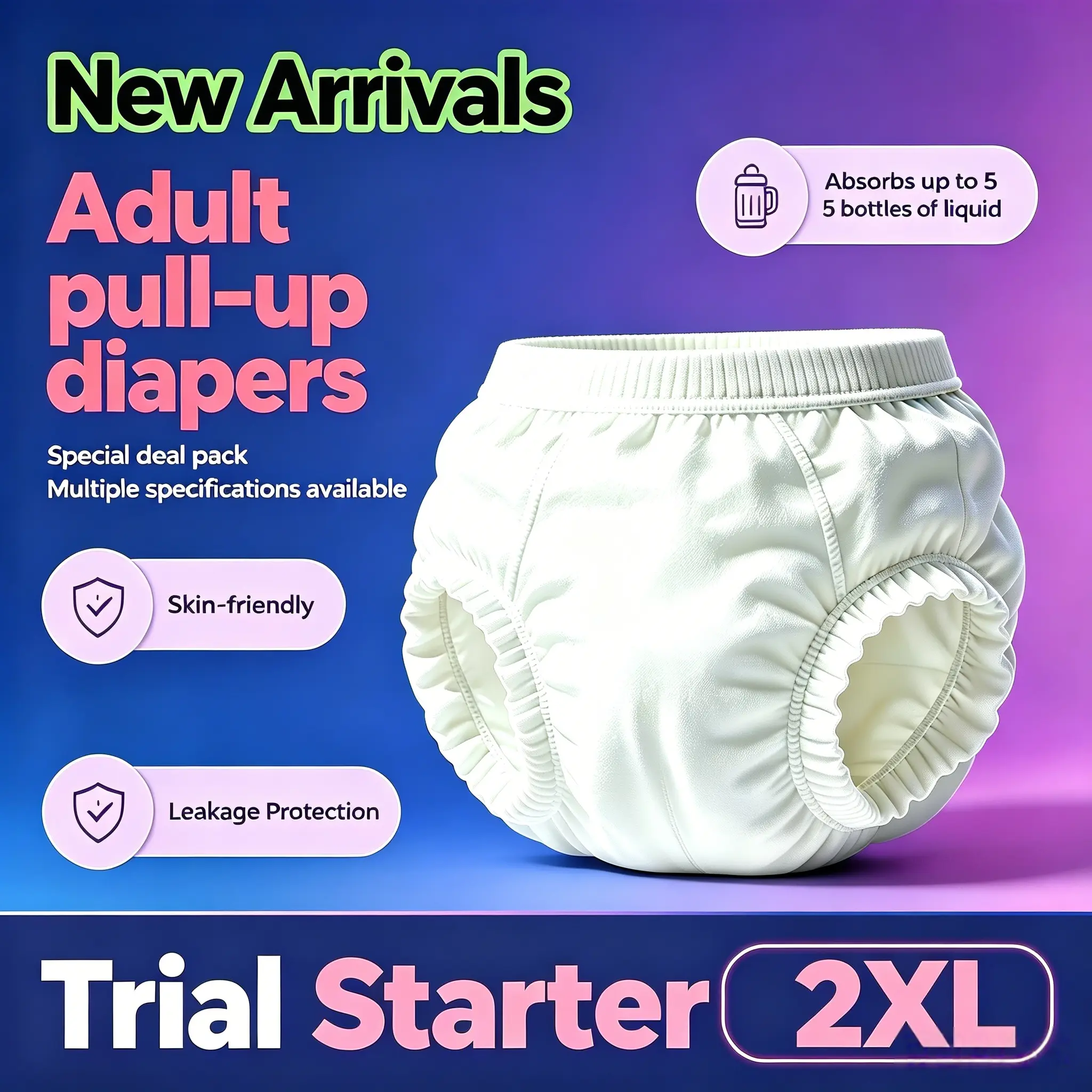 Adult diapers, adult pull-up briefs, unisex, soft, stretchy, breathable composite fabric, ample full coverage, easy and comfortable to put on, upgraded leak barriers with reliable leak-free protection for bed rest, sleep, and daily outings