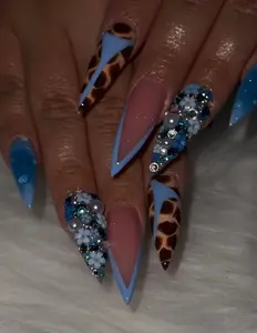Blue French Tip Leopard Press On Nails, Blue Leopard Marble Print Fake Nails, Pearl Floral Design Nails, Rhinestone Flower Nails