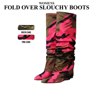 CYNLLIO Slouchy Fold Over Boots for Women Ruched Camouflage Covered Wedge Heel Patent Leather Knee High Boots Wide Calf Pointed Toe Casual Boots