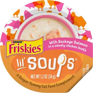 Purina Friskies Grain Free Lickable Cat Food Toppers Lil\u2019 Soups With Sockeye Salmon in Chicken Broth - (Pack of 8) 1.2 oz. Cups
