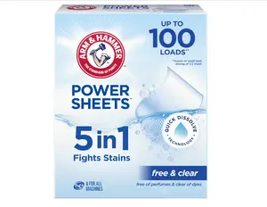 5in1 Power Sheets Laundry Detergent, Free & Clear, 50 Count, up to 100 Small Loads