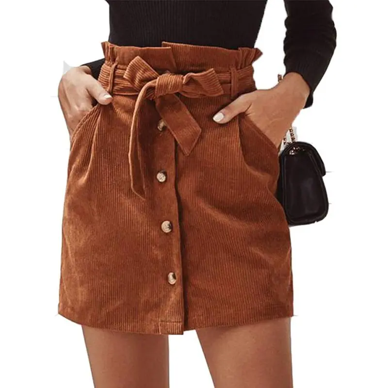 Women Paperbag High Waist Elastic Belted Corduroy Button Front with Pockets Short Mini Skirt