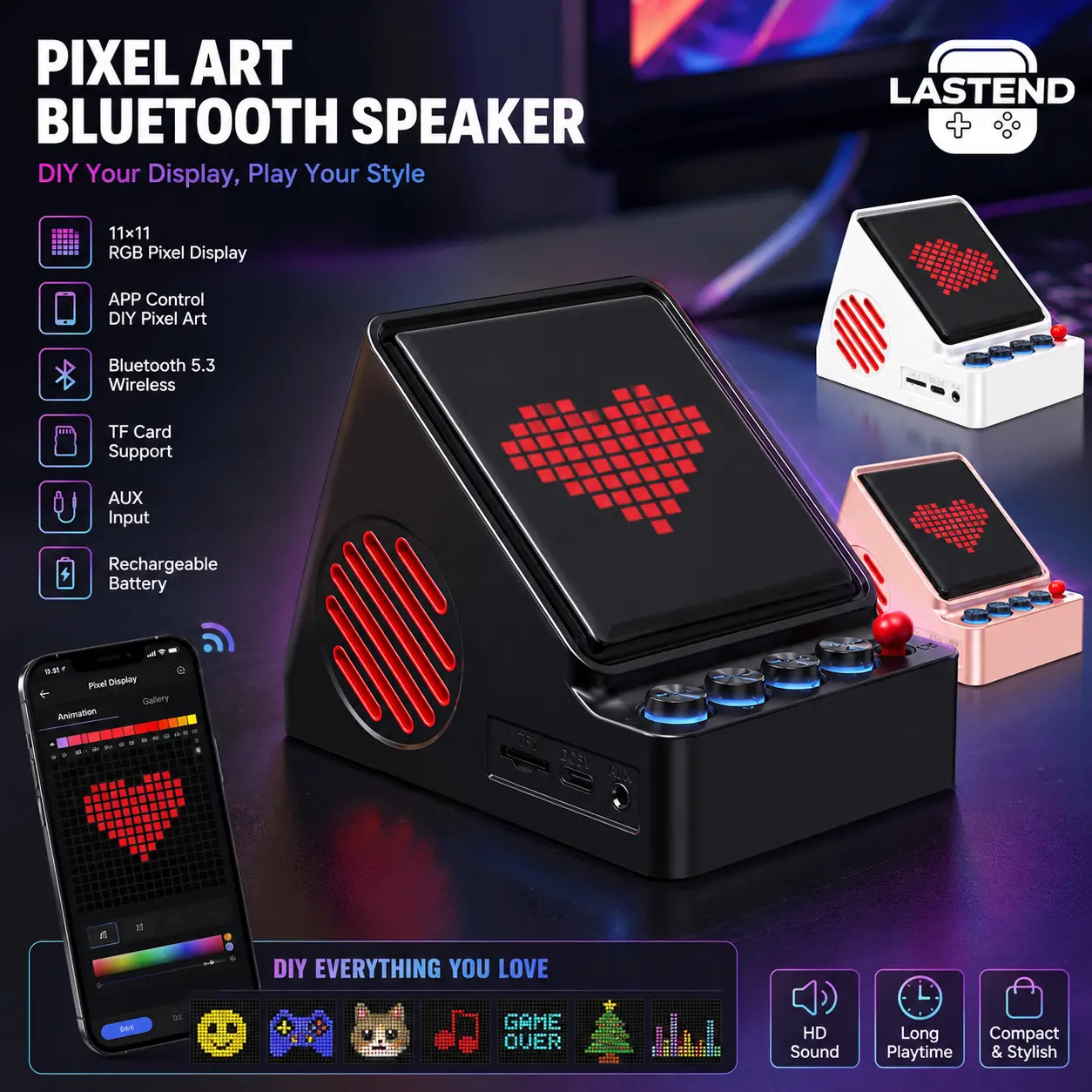 LASTEND Retro Pixel Bluetooth Speaker with 11×11 RGB LED Pixel Art Display, Wireless Gaming Desk Speaker with AUX/TF Card for Gaming Room & Desktop Setup Audio Device Smartphone