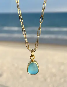 Sea Stamped Petite Sea Glass Gold Pendant Necklace Gold Plated Beach Glass Jewelry Ocean Jewelry  Beach Jewelry Gold Coastal Charm Necklace Minimalist