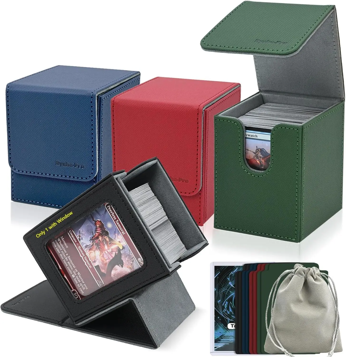 3+1 Pack MTG Card Deck Box, 1 Card Box with Window + 3 Deck Box Without, Fits 450+ Single-Sleeved Cards, Magnetic Closure Storage Box with 8 Dividers, Dice Bag & Toploader for Sports Game Cards